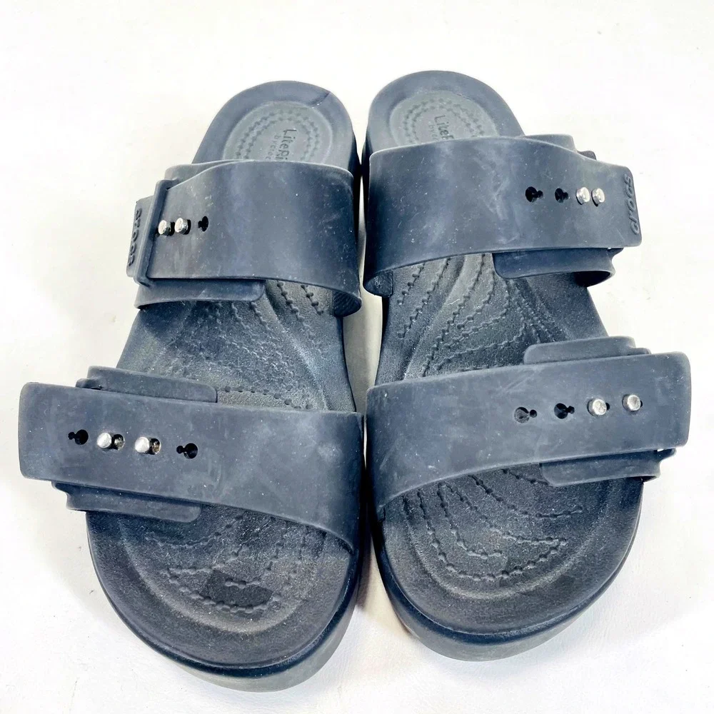 Crocs LiteRide Black Platform Sandals Women 6 Studded Double Strap Slide 207431